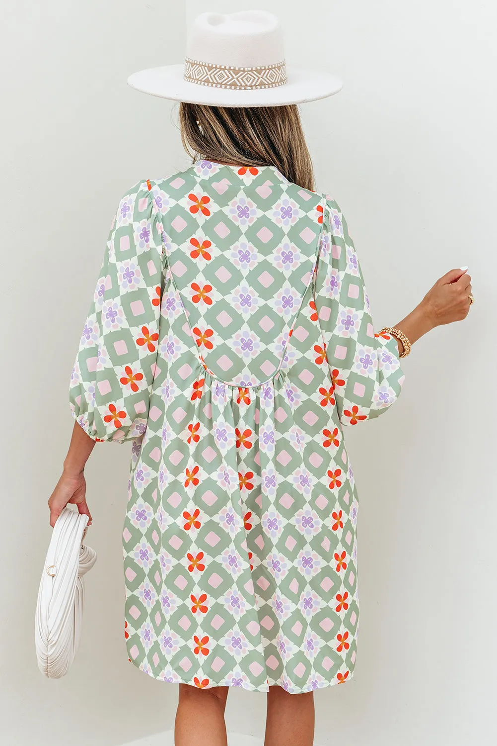 Green Geometric Floral Print 3/4 Sleeve Notched Neck Mini Dress sold by Beagle Boutique product image thumbnail 2