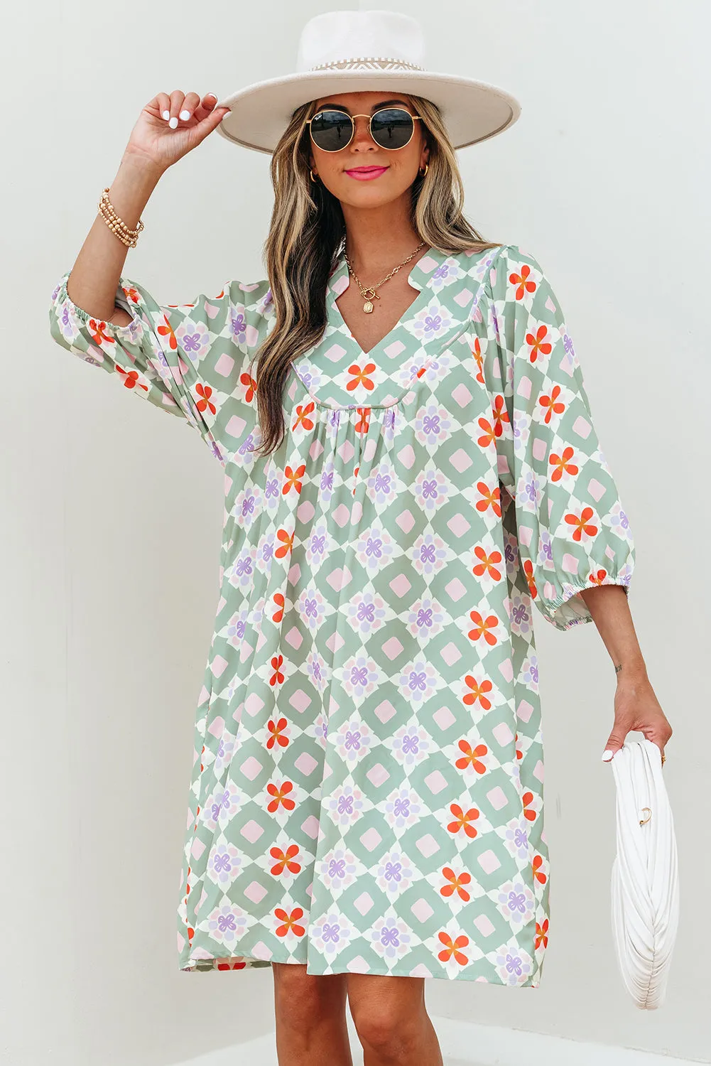 Green Geometric Floral Print 3/4 Sleeve Notched Neck Mini Dress sold by Beagle Boutique