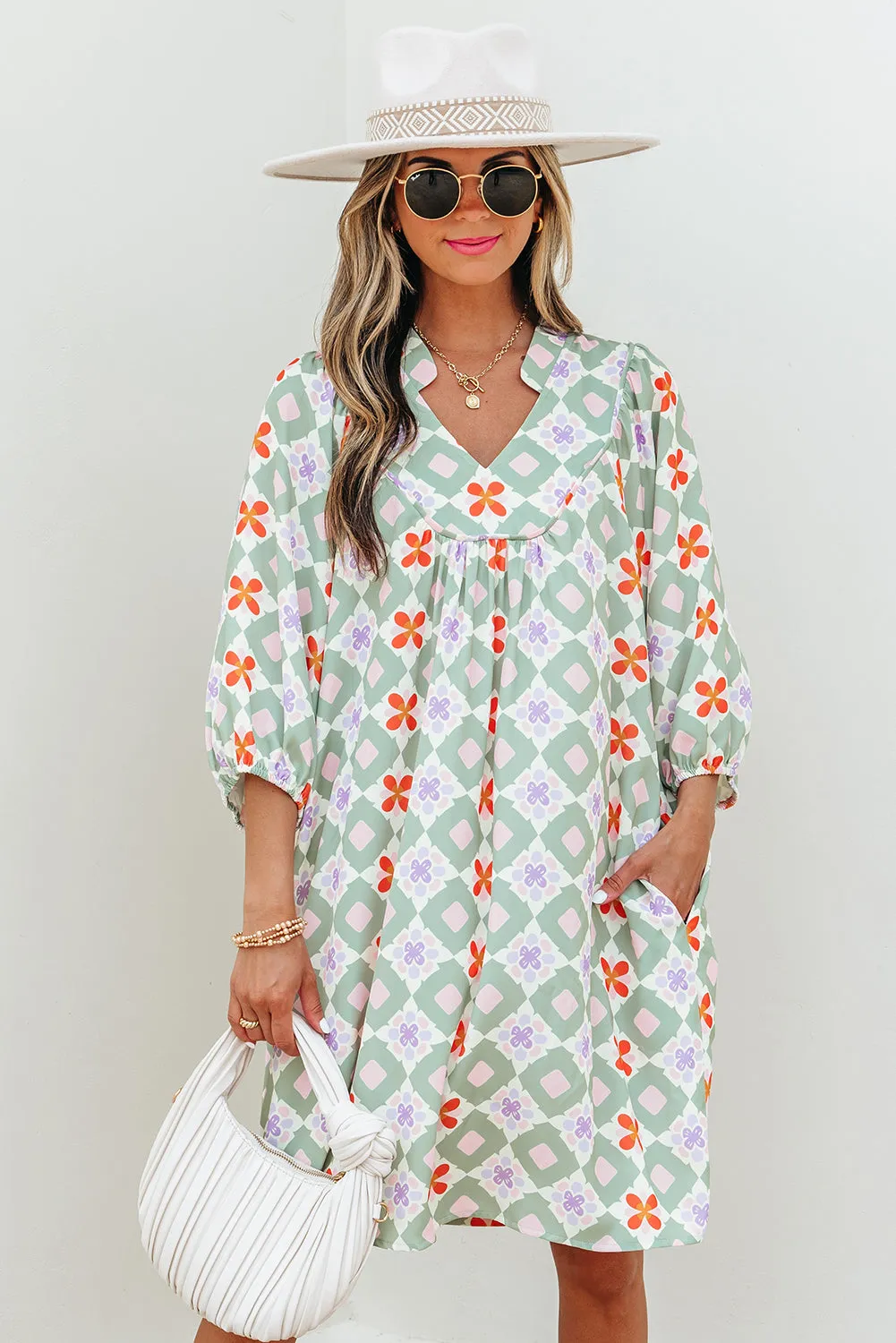Green Geometric Floral Print 3/4 Sleeve Notched Neck Mini Dress sold by Beagle Boutique product image thumbnail 4