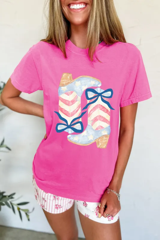 Sachet Pink Flag Pattern Boots Bow Accent Casual Graphic Tee sold by Beagle Boutique