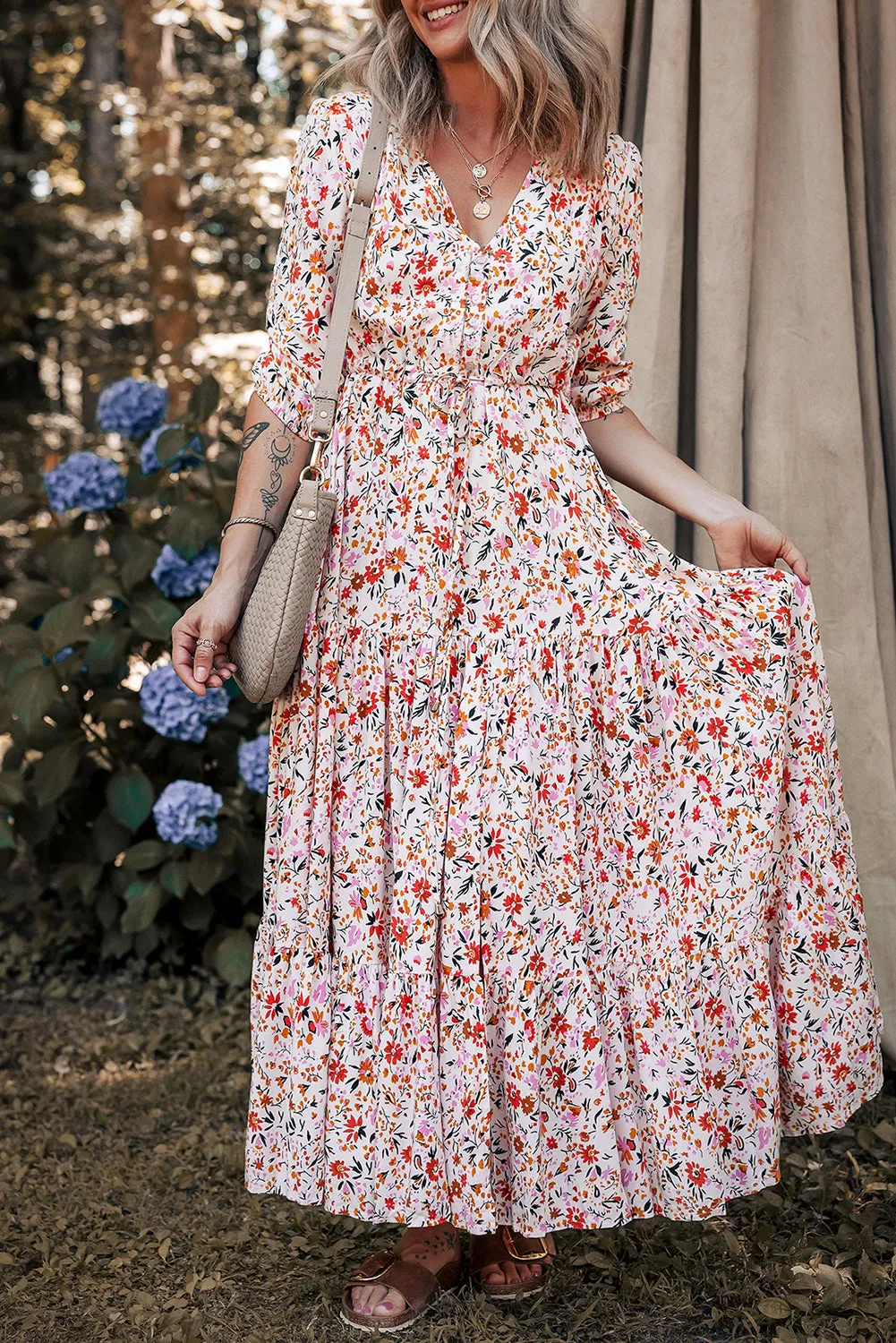Boho Half Sleeve Floral V-Neck Maxi Dress sold by Beagle Boutique