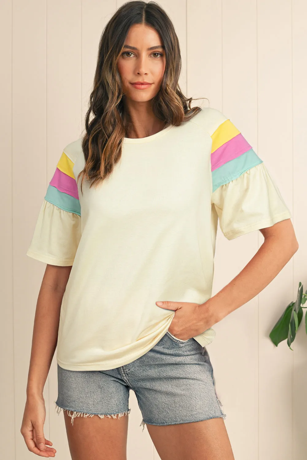 White Colour Block Stitched Sleeve Loose T Shirt sold by Beagle Boutique product image thumbnail 3