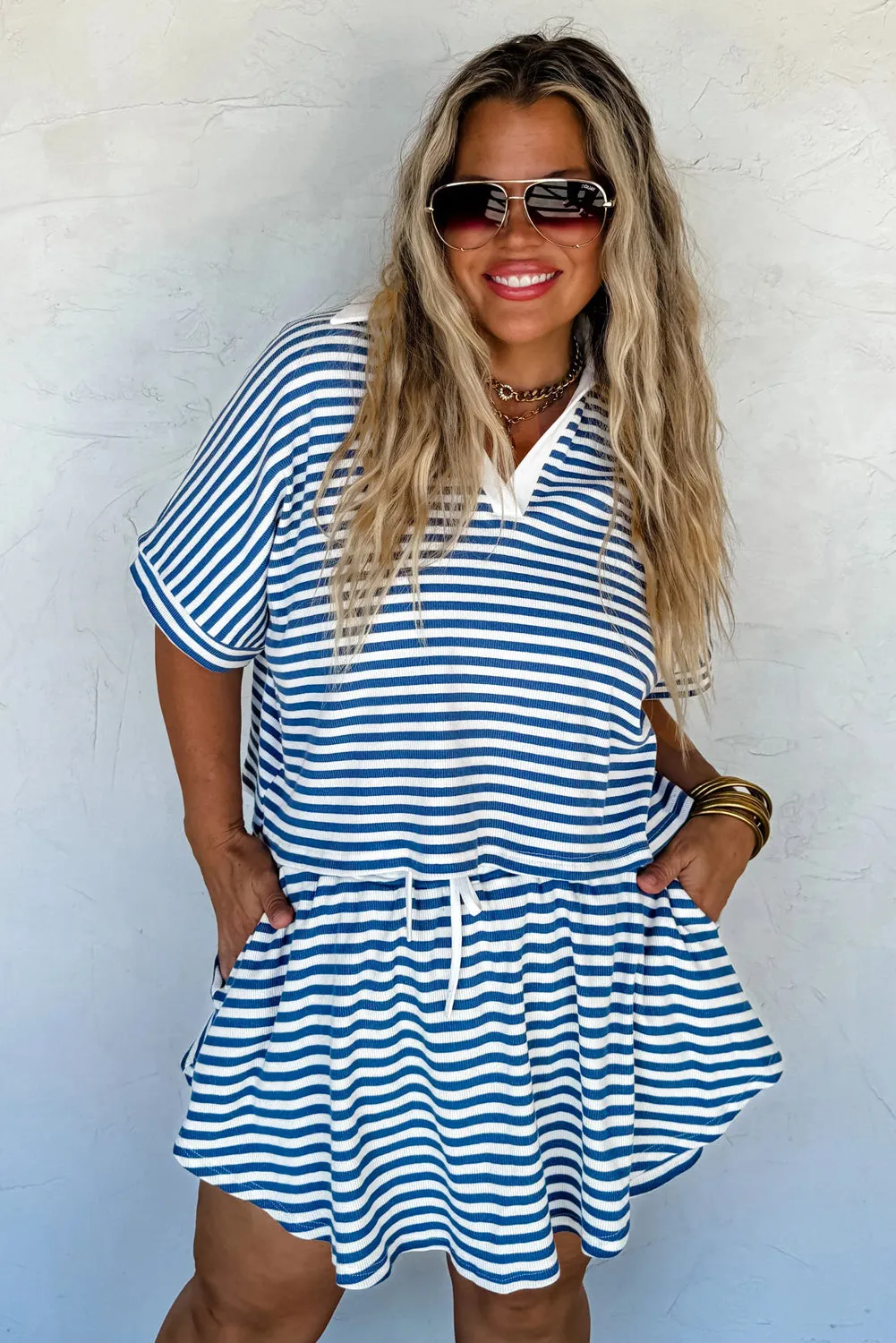 Blue Stripe Short Sleeve Collared V Neck Top Plus Size Short Set sold by Beagle Boutique product image thumbnail 3
