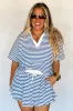 Blue Stripe Short Sleeve Collared V Neck Top Plus Size Short Set sold by Beagle Boutique