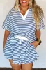 Blue Stripe Short Sleeve Collared V Neck Top Plus Size Short Set sold by Beagle Boutique