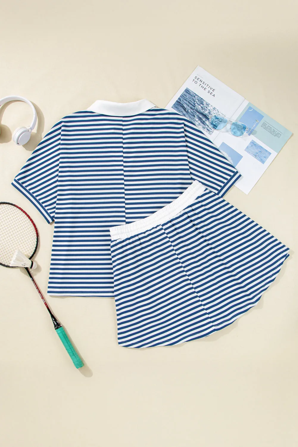 Blue Stripe Short Sleeve Collared V Neck Top Plus Size Short Set sold by Beagle Boutique product image thumbnail 5