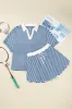 Blue Stripe Short Sleeve Collared V Neck Top Plus Size Short Set sold by Beagle Boutique