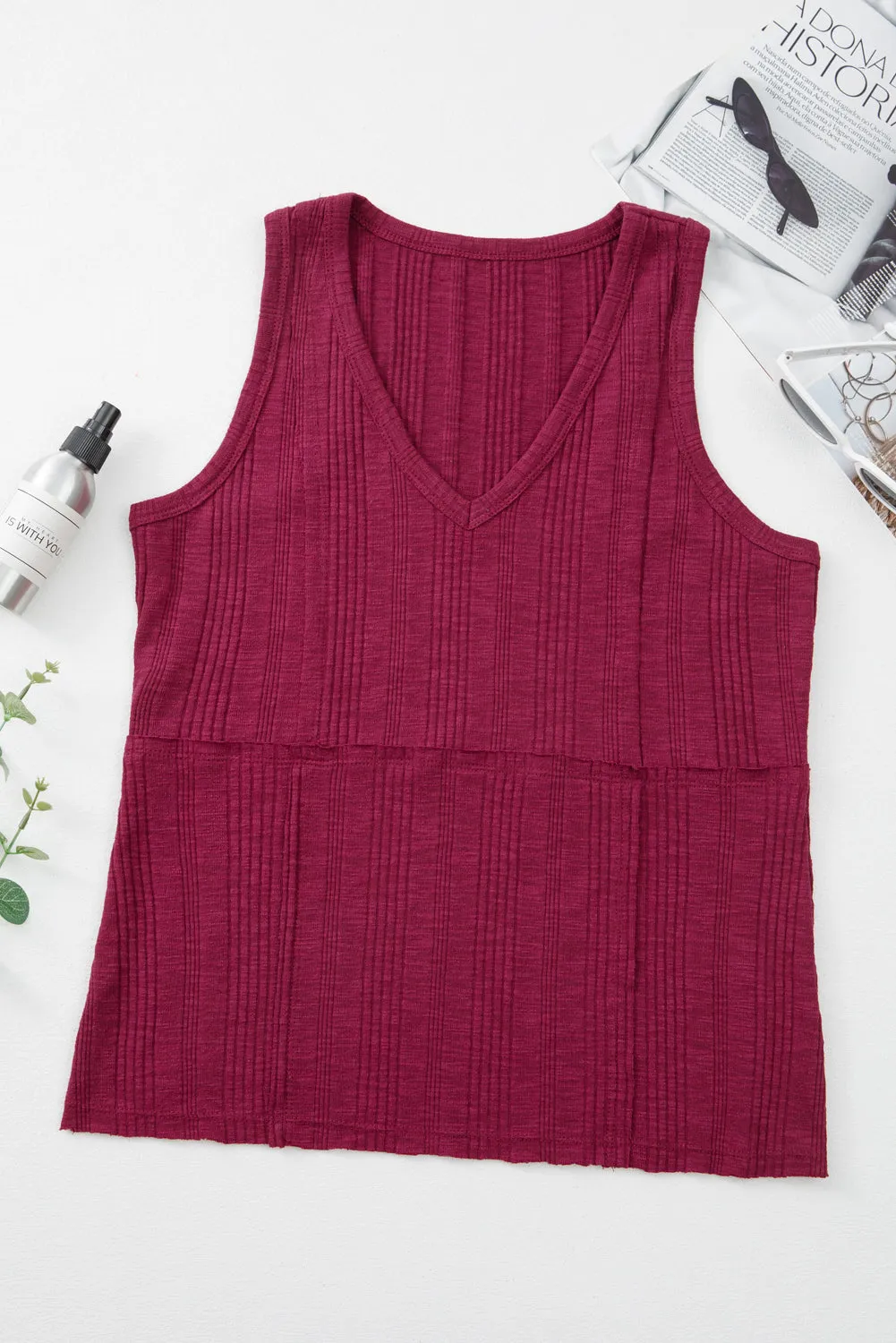 Red Dahlia Ribbed Textured Exposed Stitching Knit Tank Top sold by Beagle Boutique product image thumbnail 3