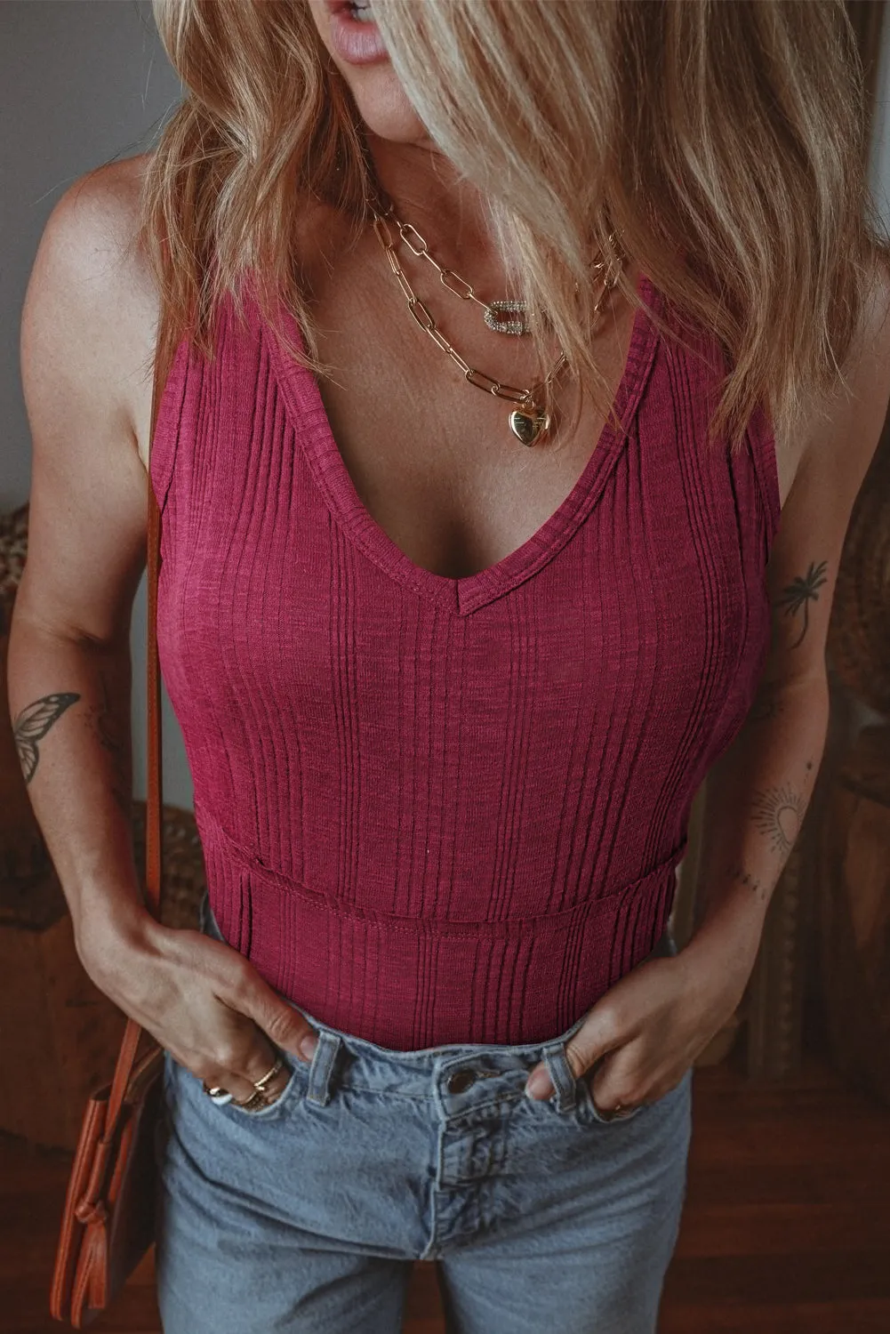 Red Dahlia Ribbed Textured Exposed Stitching Knit Tank Top sold by Beagle Boutique