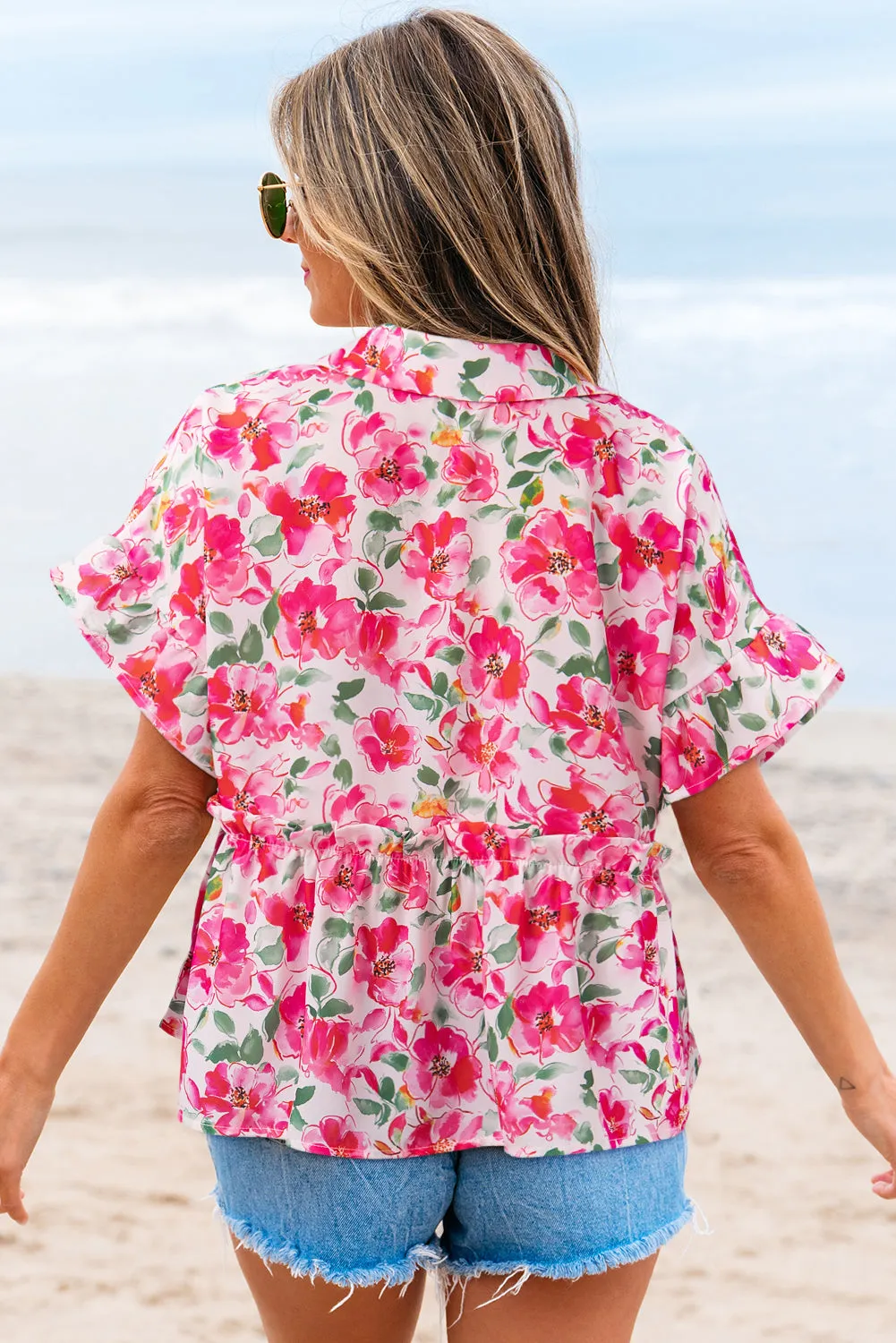Pink Floral Boxy Fit Ruffled Short Sleeve V Neck Blouse sold by Beagle Boutique product image thumbnail 2