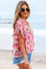 Pink Floral Boxy Fit Ruffled Short Sleeve V Neck Blouse sold by Beagle Boutique