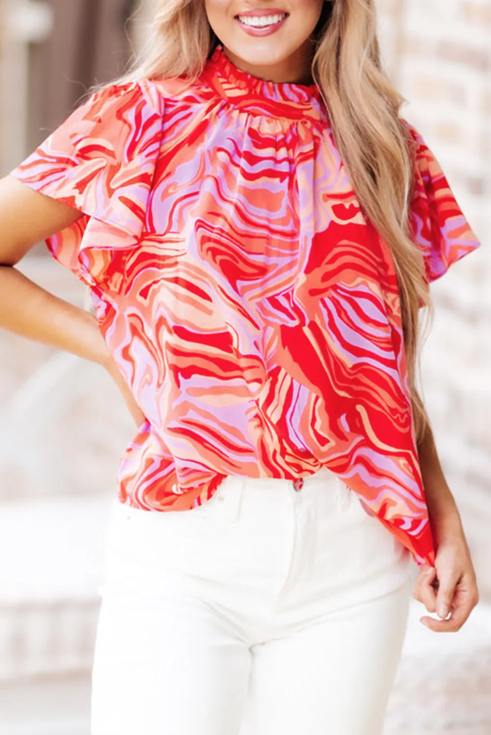 Red Abstract Print Ruffled Short Sleeve Mock Neck Blouse sold by Beagle Boutique product image thumbnail 5