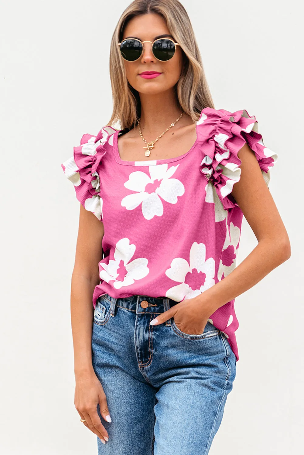 Floral Textured Ruffled Short Sleeve Square Neck Blouse sold by Beagle Boutique product image thumbnail 3