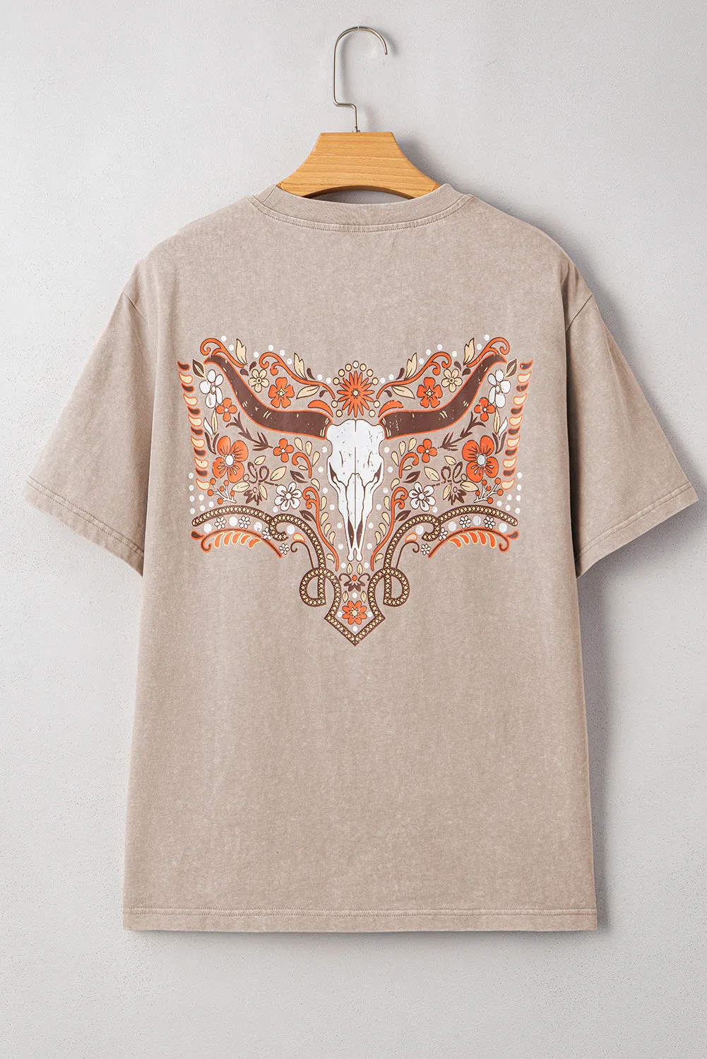 Smoke Grey Mineral Wash Floral Steer Head Printed Back Western Fashion Tee sold by Beagle Boutique product image thumbnail 4