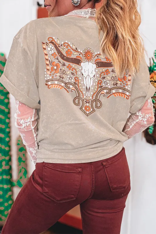 Smoke Grey Mineral Wash Floral Steer Head Printed Back Western Fashion Tee made by Beagle Boutique