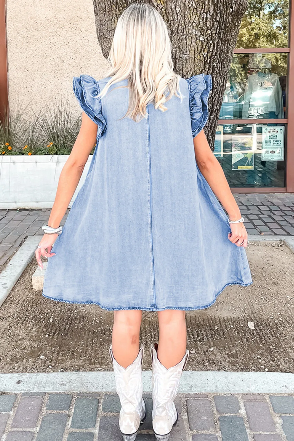 Beau Blue Double Ruffled Sleeves Buttoned A-line Collared Mini Denim Dress sold by Beagle Boutique product image thumbnail 2