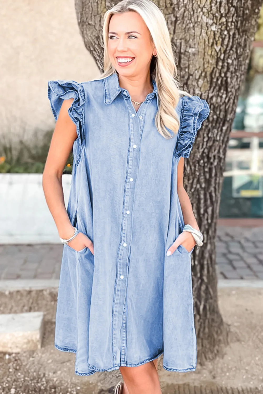 Beau Blue Double Ruffled Sleeves Buttoned A-line Collared Mini Denim Dress sold by Beagle Boutique product image thumbnail 3