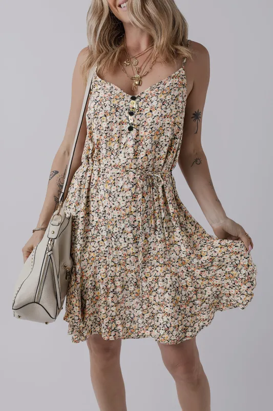 Khaki Boho Floral Printed Tie Waist Flared Sundress sold by Beagle Boutique