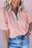 Contrast Striped Collar Patchwork Textured Half Sleeve Blouse sold by Beagle Boutique