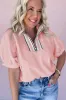 Contrast Striped Collar Patchwork Textured Half Sleeve Blouse sold by Beagle Boutique