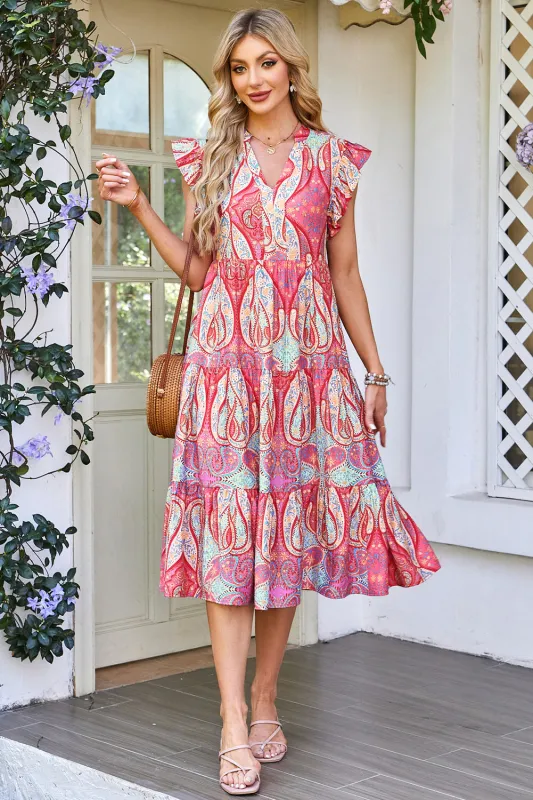 Rose Tribal Paisley Print Ruffled Sleeve Notch Neck Midi Dress sold by Beagle Boutique
