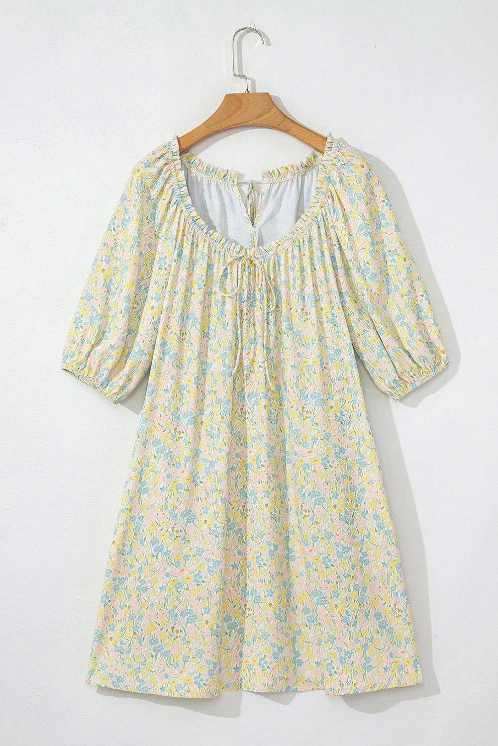 Green Floral Half Sleeve Frilled U Neck A-line Short Dress sold by Beagle Boutique product image thumbnail 5