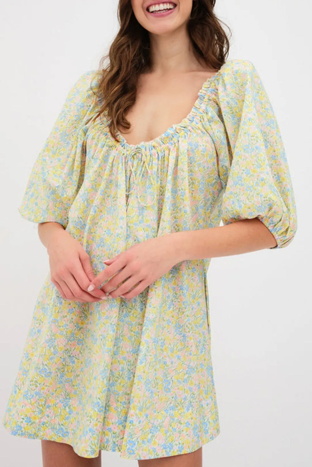 Green Floral Half Sleeve Frilled U Neck A-line Short Dress sold by Beagle Boutique