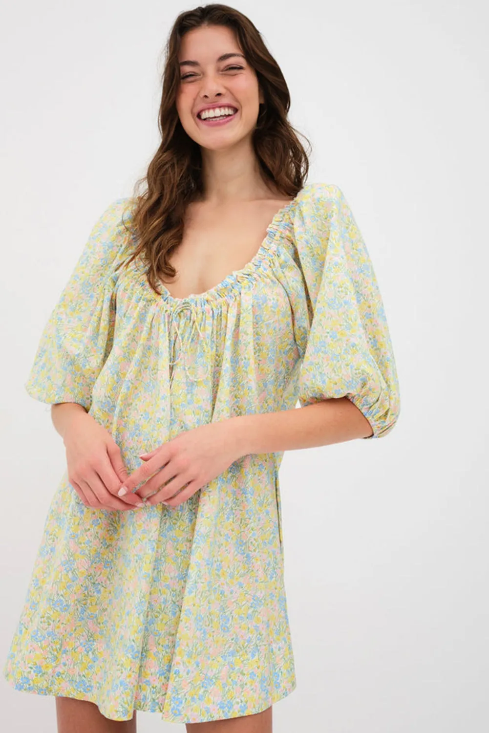 Green Floral Half Sleeve Frilled U Neck A-line Short Dress sold by Beagle Boutique product image thumbnail 2