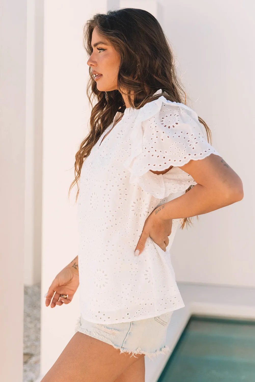 White Broderie Anglaise Ruffle Short Sleeve Blouse sold by Beagle Boutique product image thumbnail 3