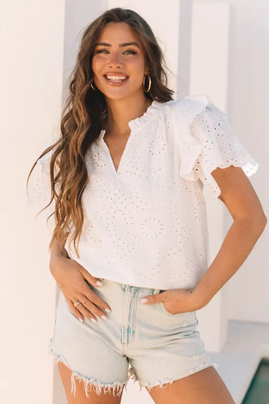 White Broderie Anglaise Ruffle Short Sleeve Blouse sold by Beagle Boutique