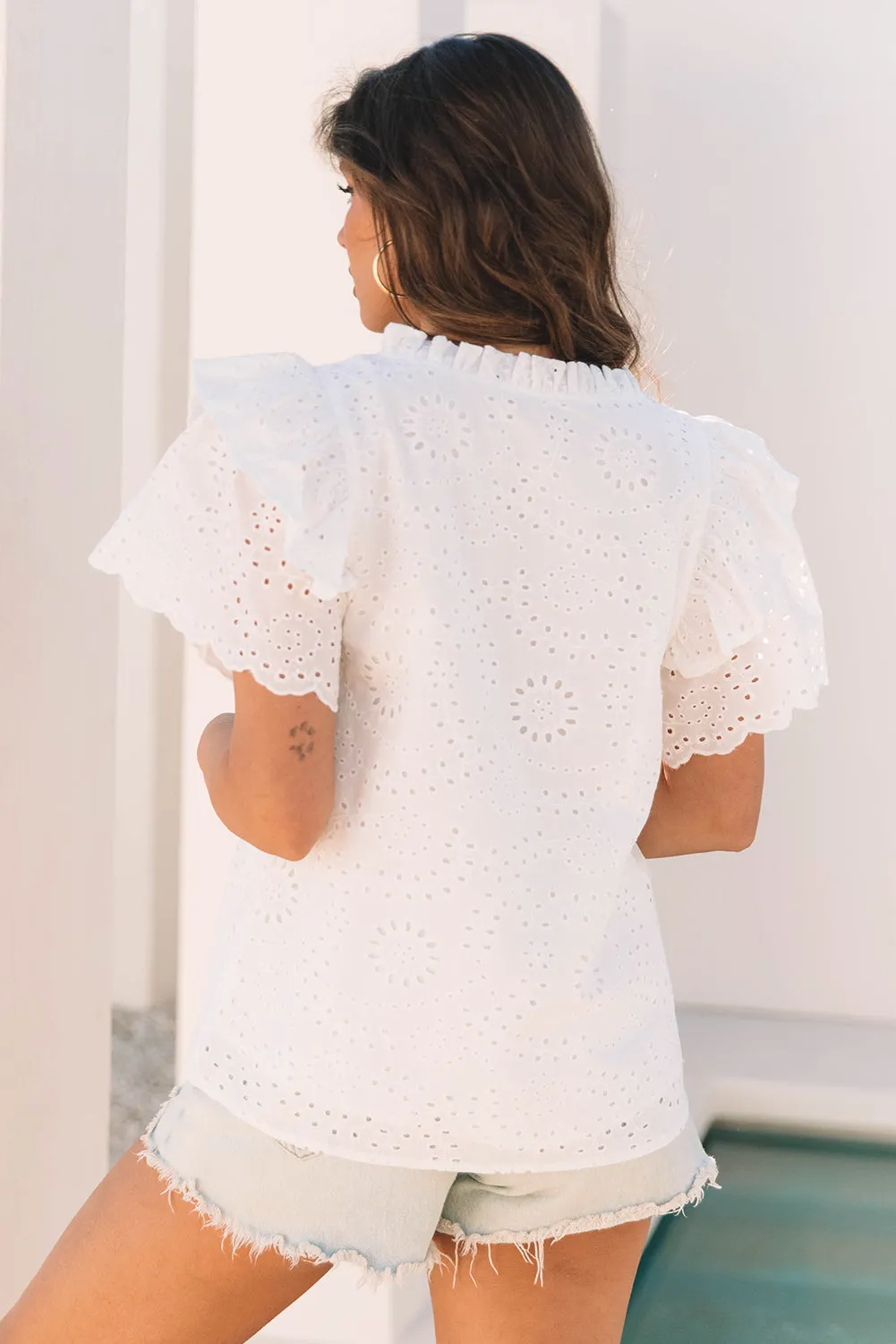 White Broderie Anglaise Ruffle Short Sleeve Blouse sold by Beagle Boutique product image thumbnail 2