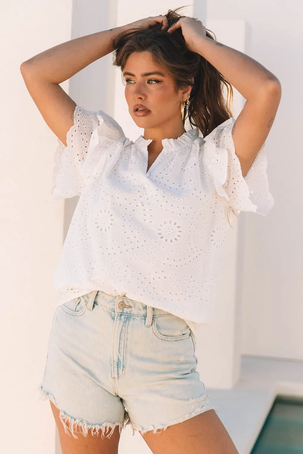 White Broderie Anglaise Ruffle Short Sleeve Blouse sold by Beagle Boutique product image thumbnail 4