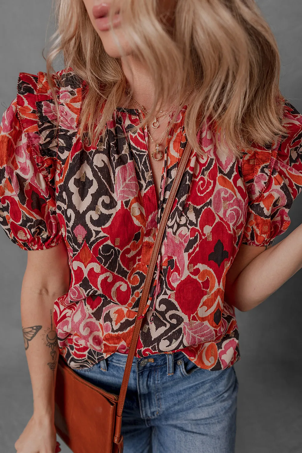 Red Ethnic Print Split Neck Short Puff Sleeve Blouse sold by Beagle Boutique product image thumbnail 3