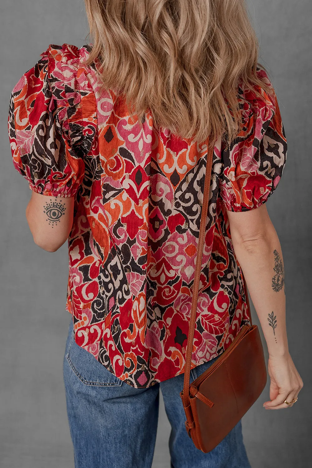 Red Ethnic Print Split Neck Short Puff Sleeve Blouse sold by Beagle Boutique product image thumbnail 2