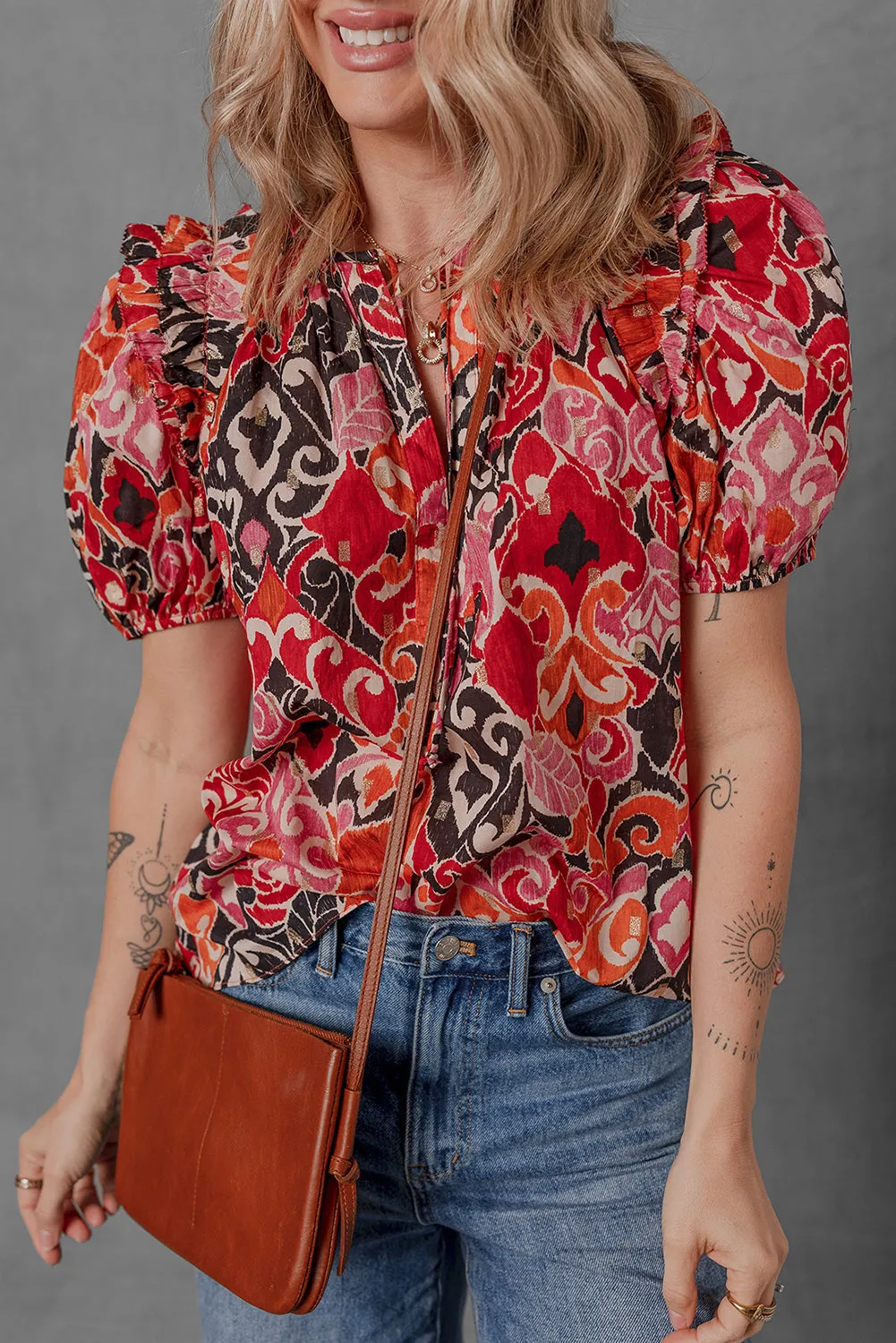 Red Ethnic Print Split Neck Short Puff Sleeve Blouse sold by Beagle Boutique product image thumbnail 4