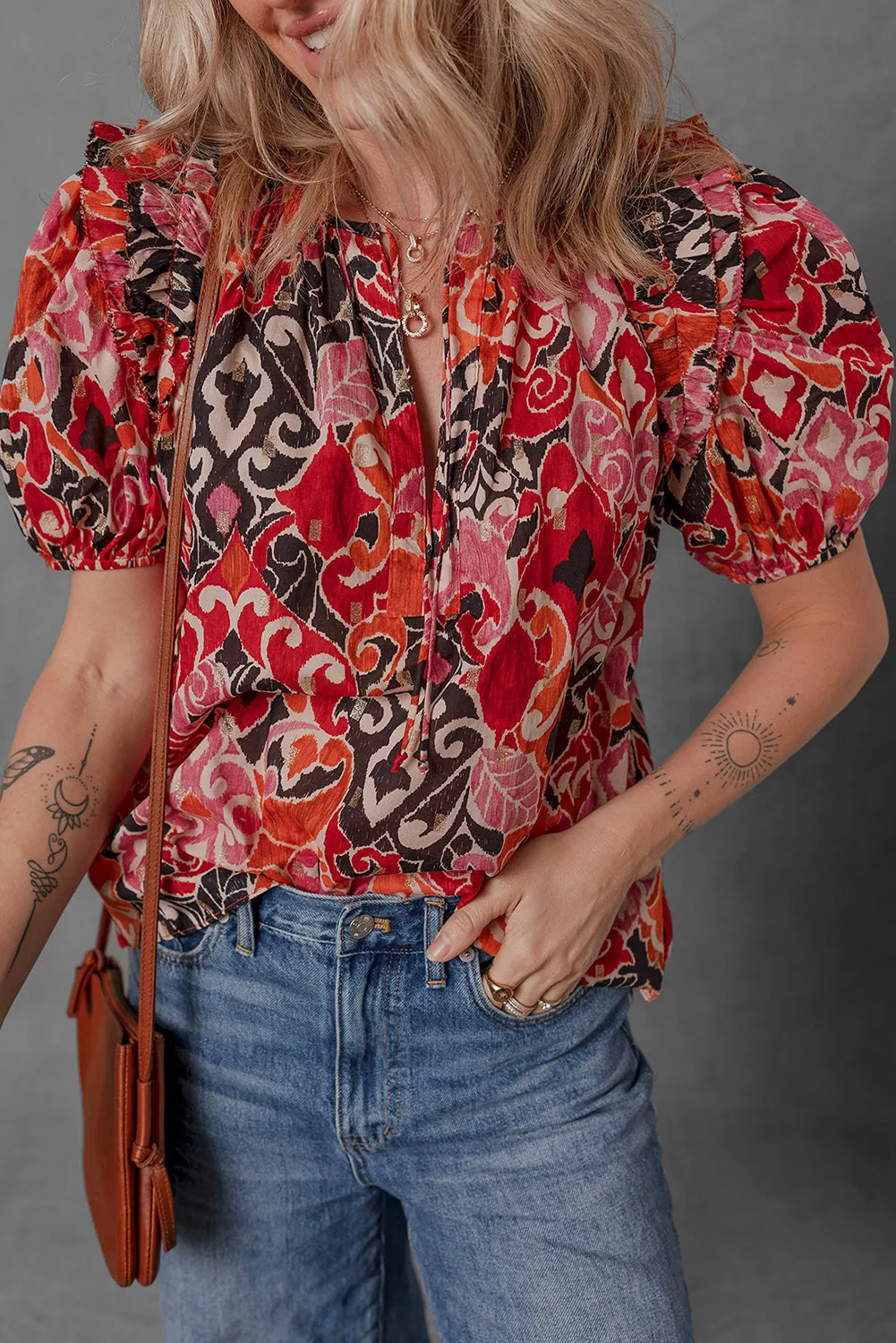 Red Ethnic Print Split Neck Short Puff Sleeve Blouse sold by Beagle Boutique