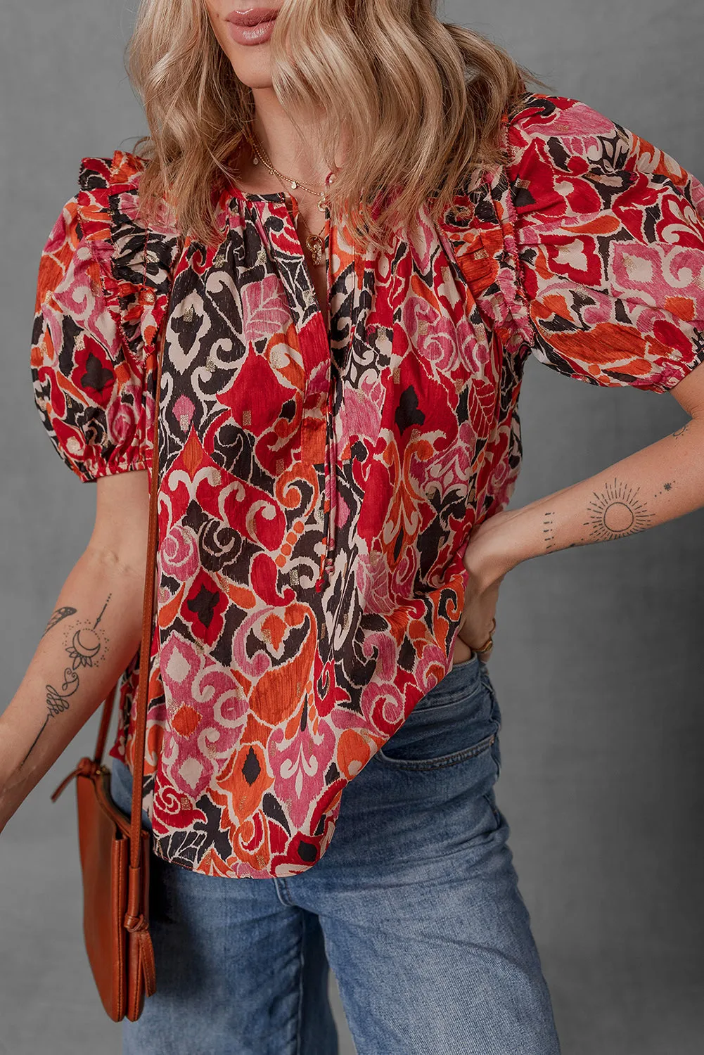 Red Ethnic Print Split Neck Short Puff Sleeve Blouse sold by Beagle Boutique product image thumbnail 5