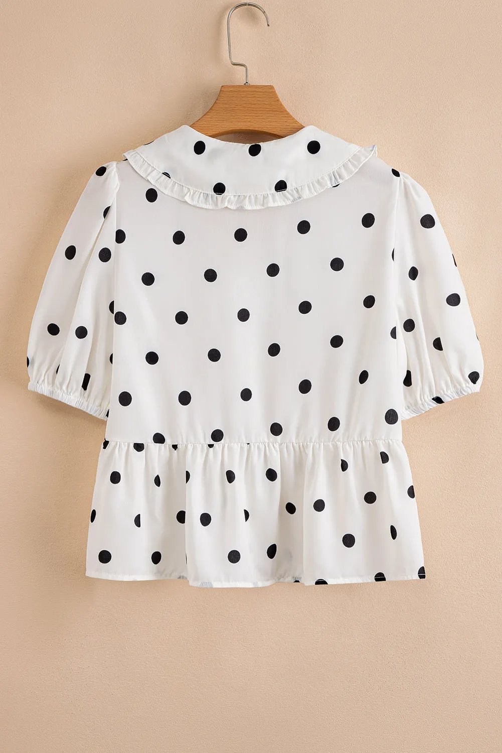 White Polka Dot Collared Tie-up Font Puff Sleeve Peplum Top sold by Beagle Boutique product image thumbnail 4