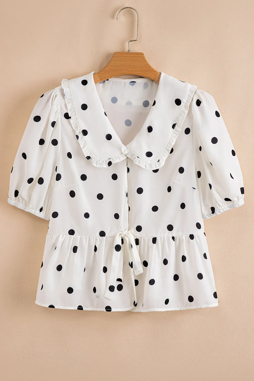 White Polka Dot Collared Tie-up Font Puff Sleeve Peplum Top sold by Beagle Boutique product image thumbnail 3