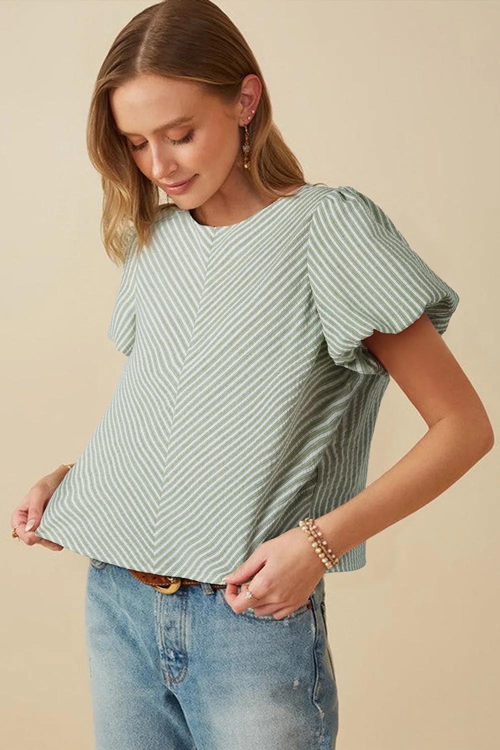 Green Stripe Textured Round Neck Short Puff Sleeve Blouse sold by Beagle Boutique product image thumbnail 3