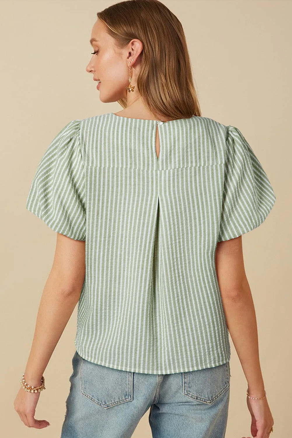 Green Stripe Textured Round Neck Short Puff Sleeve Blouse sold by Beagle Boutique product image thumbnail 2