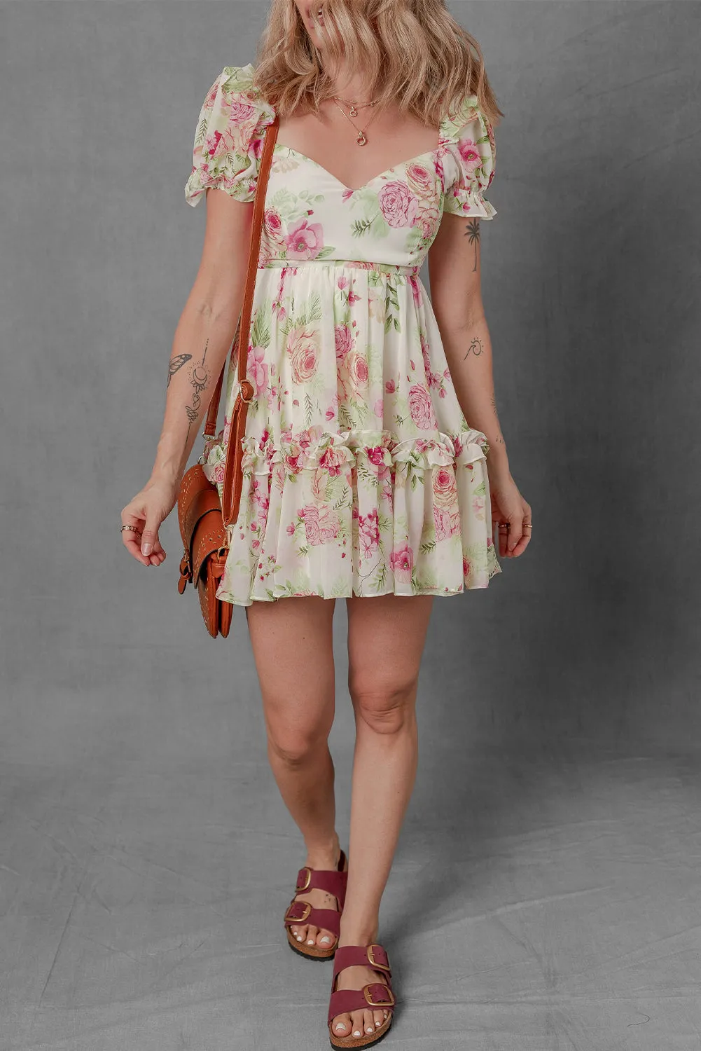 White Vibrant Floral Bubble Sleeve Sweetheart Neck Ruffle Mini Dress sold by Beagle Boutique product image thumbnail 4