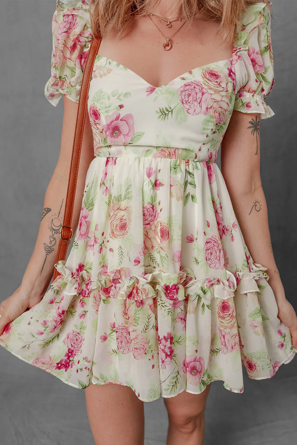 White Vibrant Floral Bubble Sleeve Sweetheart Neck Ruffle Mini Dress sold by Beagle Boutique product image thumbnail 3