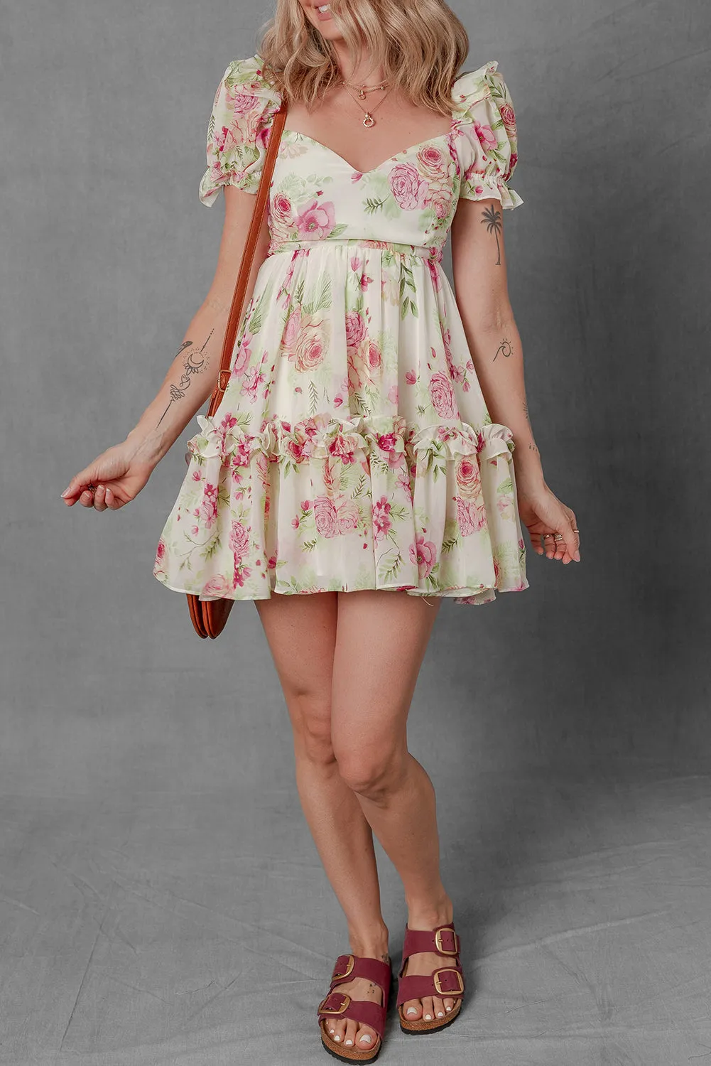 White Vibrant Floral Bubble Sleeve Sweetheart Neck Ruffle Mini Dress sold by Beagle Boutique product image thumbnail 5
