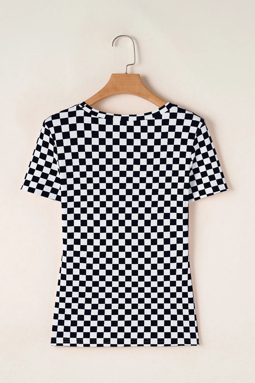 Black Checkered Ribbed Slim Fit Crew Neck T Shirt sold by Beagle Boutique product image thumbnail 3