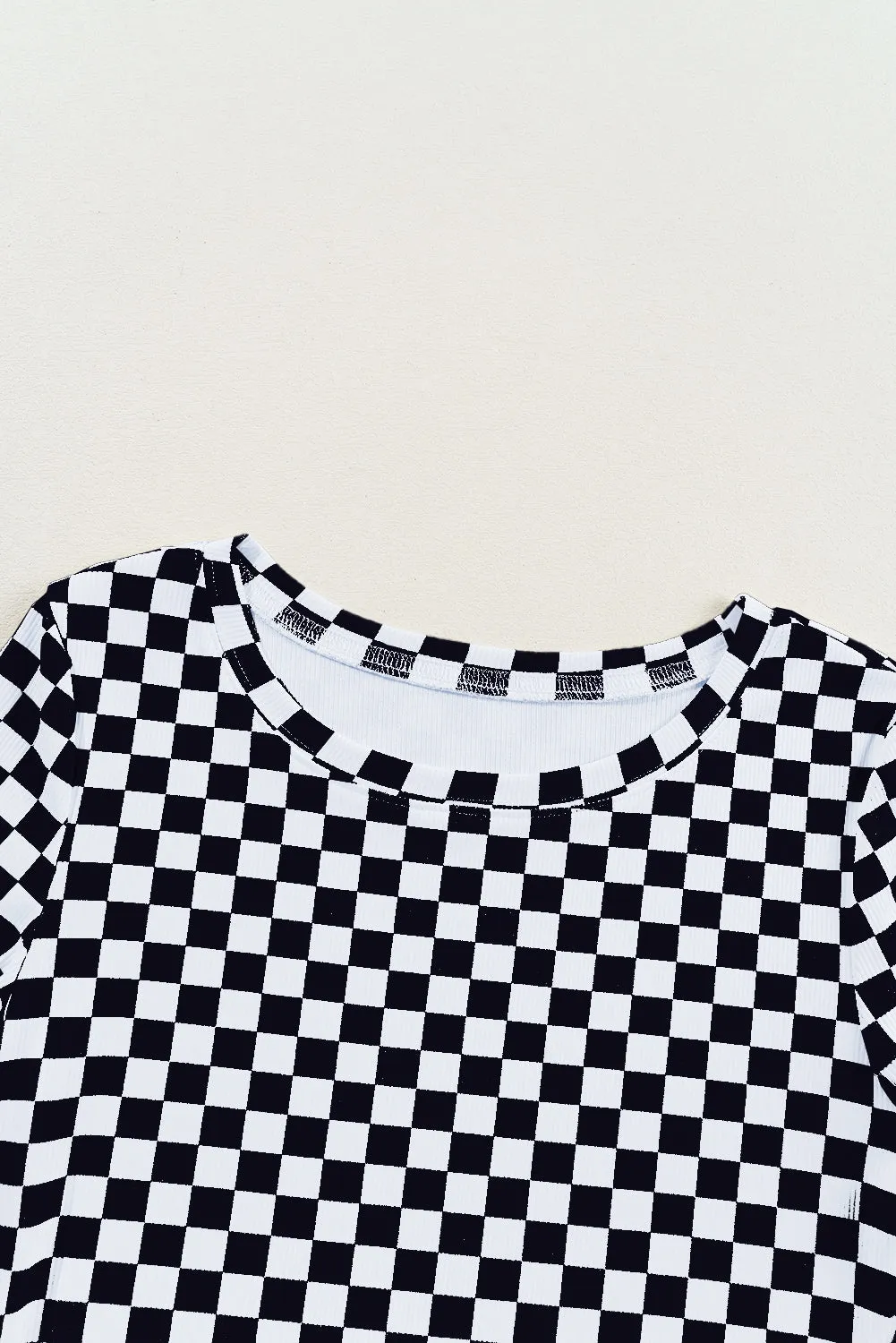 Black Checkered Ribbed Slim Fit Crew Neck T Shirt sold by Beagle Boutique product image thumbnail 5