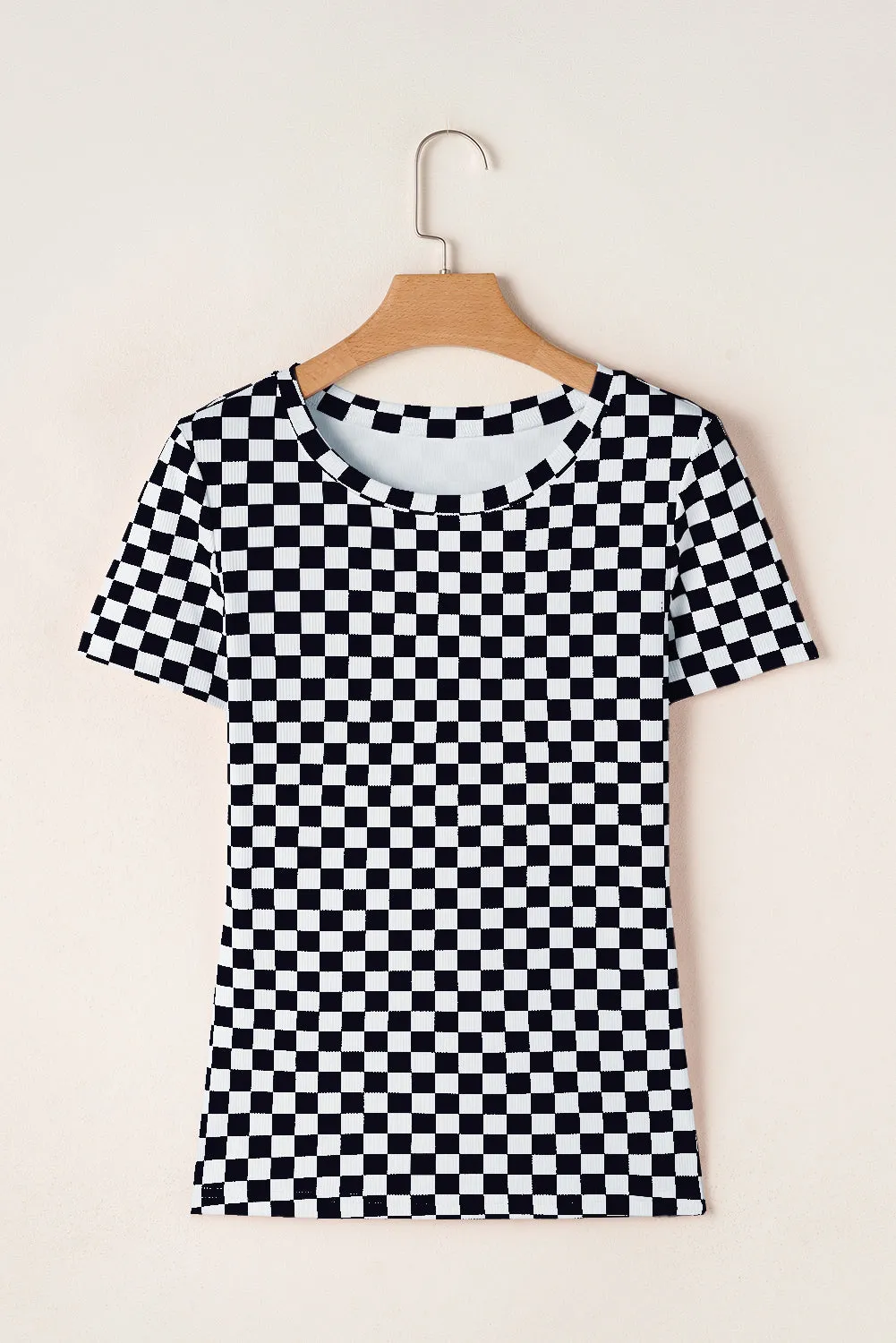 Black Checkered Ribbed Slim Fit Crew Neck T Shirt sold by Beagle Boutique product image thumbnail 2