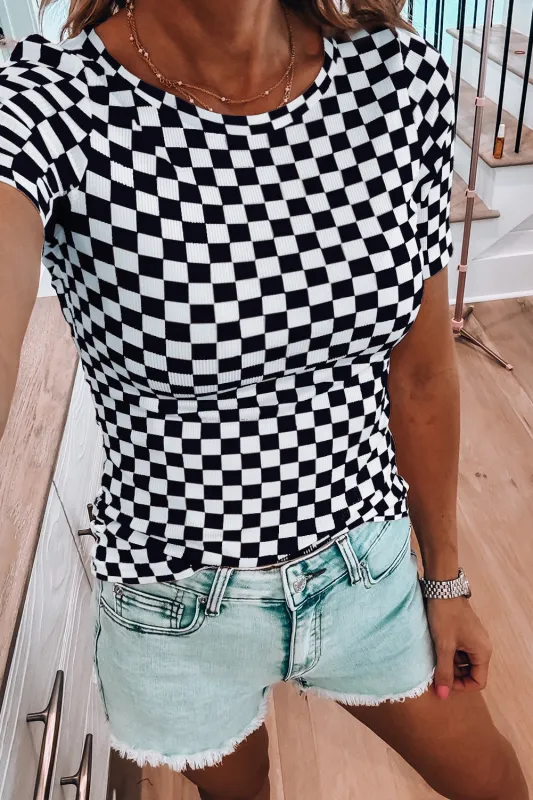 Black Checkered Ribbed Slim Fit Crew Neck T Shirt sold by Beagle Boutique