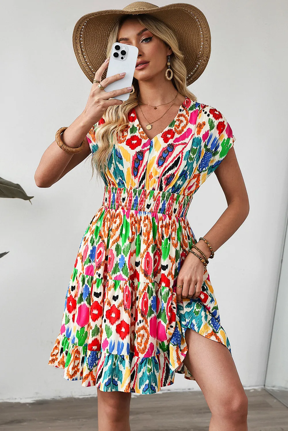 Abstract Print V Neck Dolman Sleeve Ruffle Tiered Mini Dress sold by Beagle Boutique product image thumbnail 3