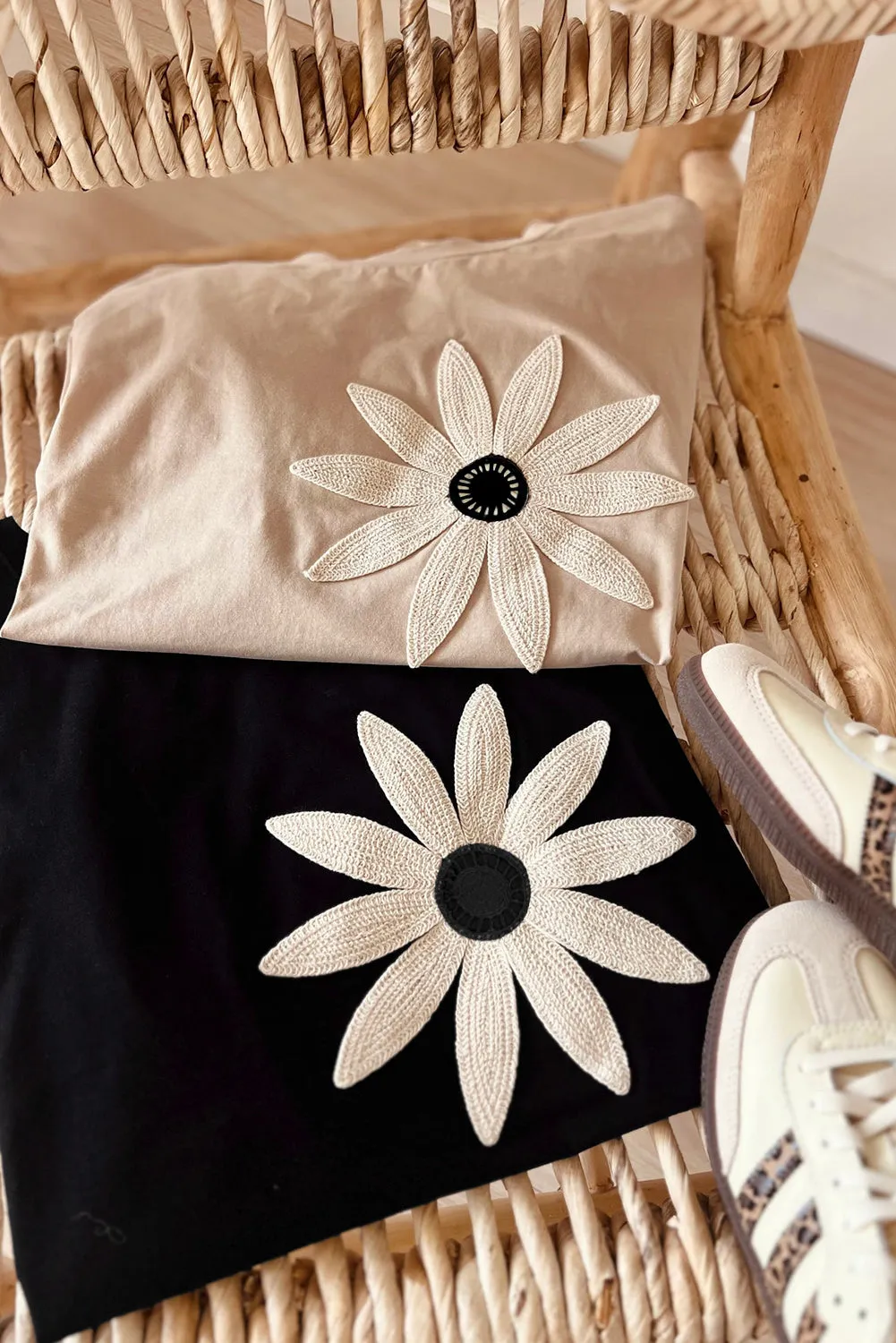 Oatmeal Contrast Crochet Floral Graphic Drop Shoulder Loose Tee sold by Beagle Boutique product image thumbnail 3
